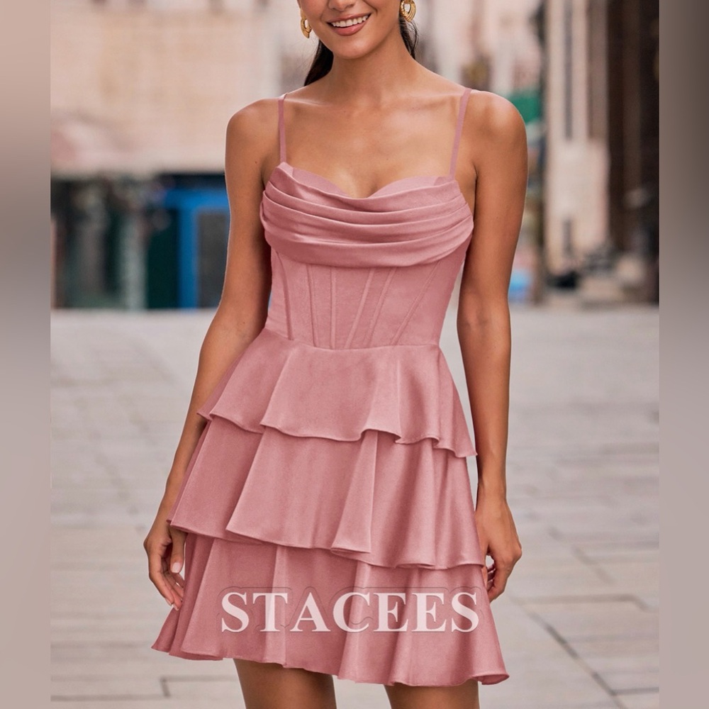 Stacees A-line Cowl Neck Corset Ruffle Homecoming Dress with Spaghetti Straps